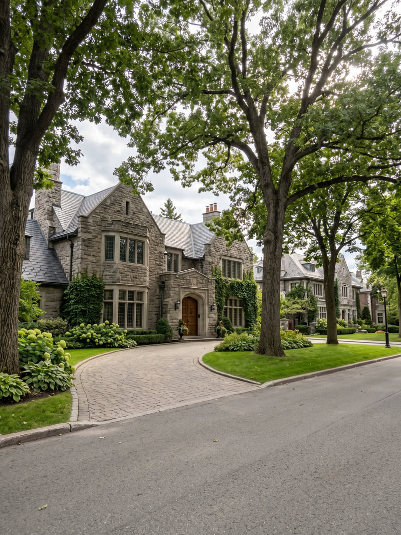 Manoir patrimonial en pierre, Avenue Lansdowne à Westmount, entouré de chênes matures