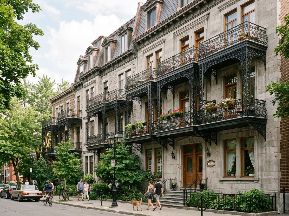 Façades d’Outremont avec balcons en fer forgé, lumière matinale douce, terrasse de café