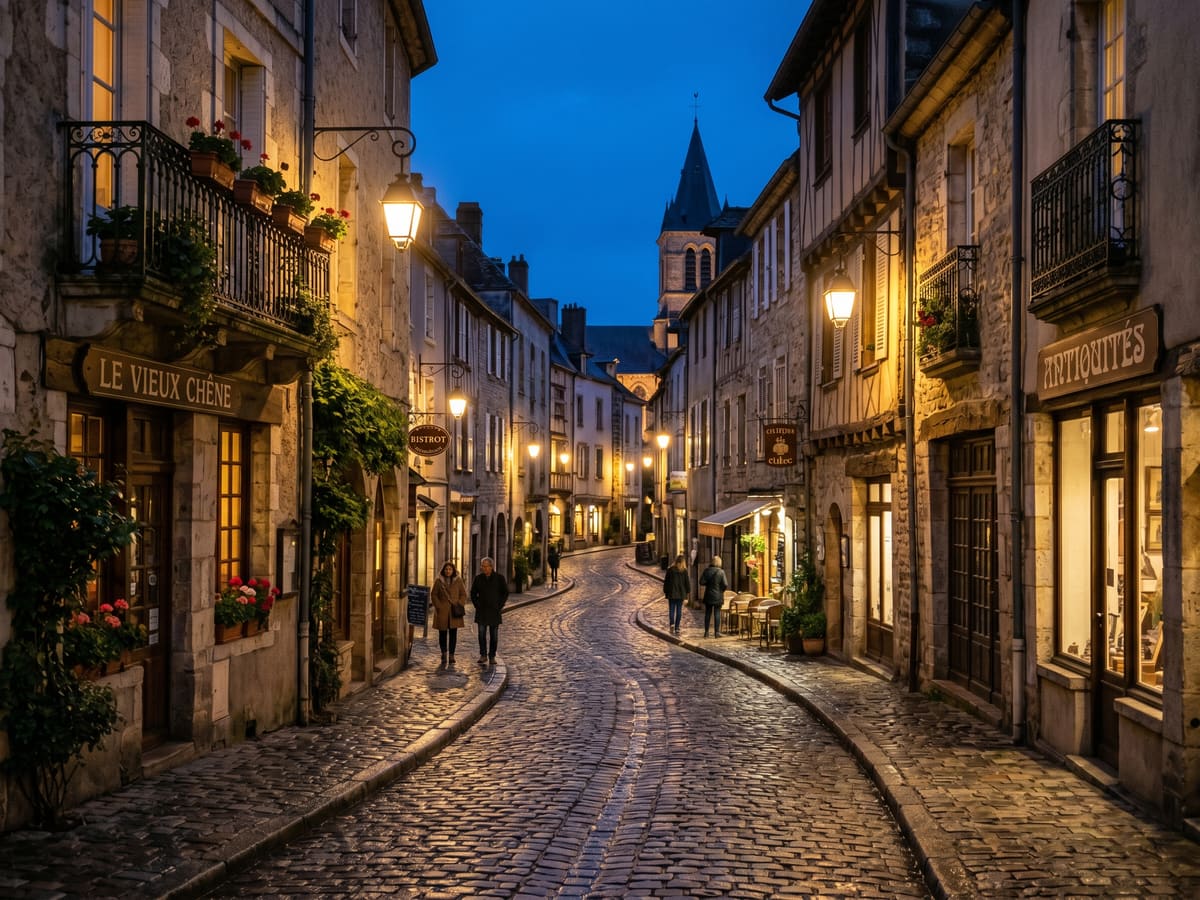 Rue pavée dans le Vieux-Montréal à l’heure bleue, éclairage de lanternes