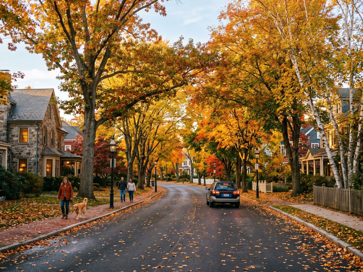 Rue bordée d’arbres à Westmount, lumière d’automne, maisons en pierre patrimoniales