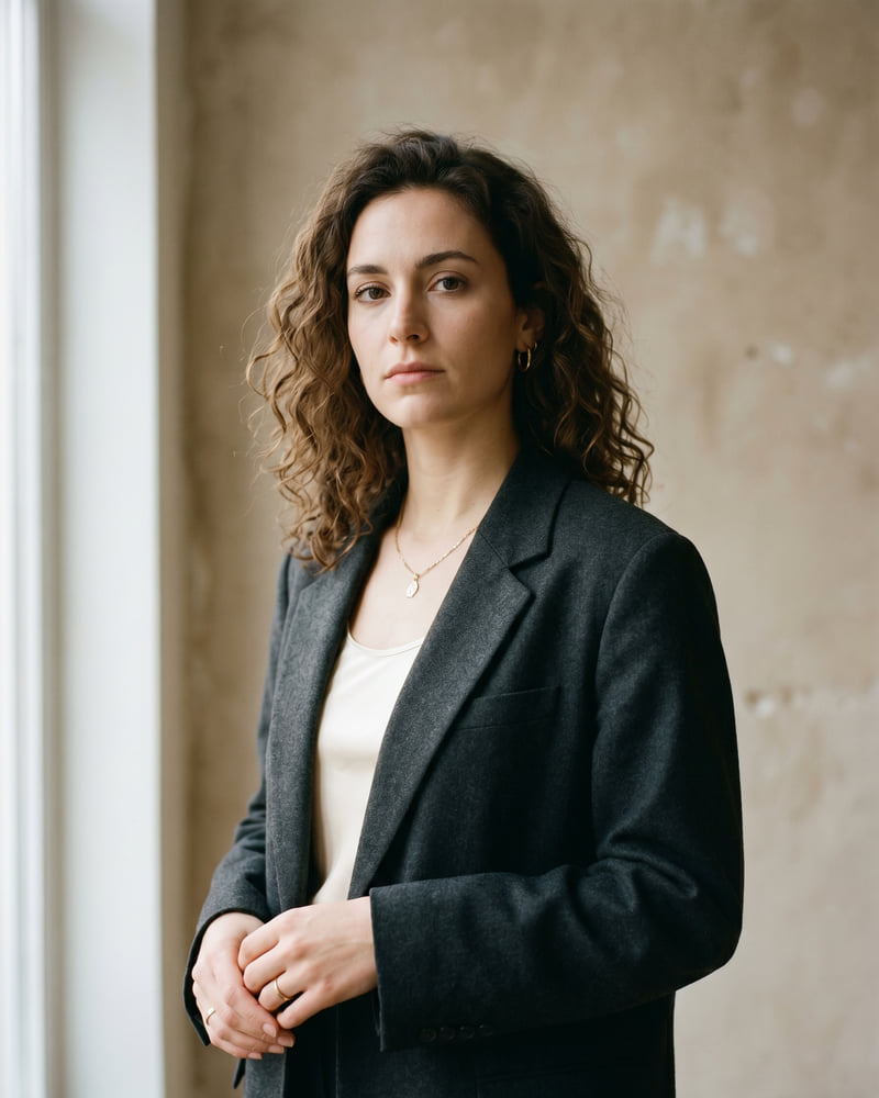Portrait éditorial d’Éléonore Dufresne, lumière naturelle douce, fond neutre